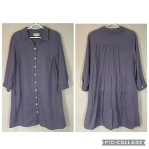 Everlily Womens Linen Tiered Back Button Front Shirt Dress Purple L Lagenlook